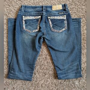 Miss Me Blue Signature Boot Distressed Embellished 34" Jeans Size 28